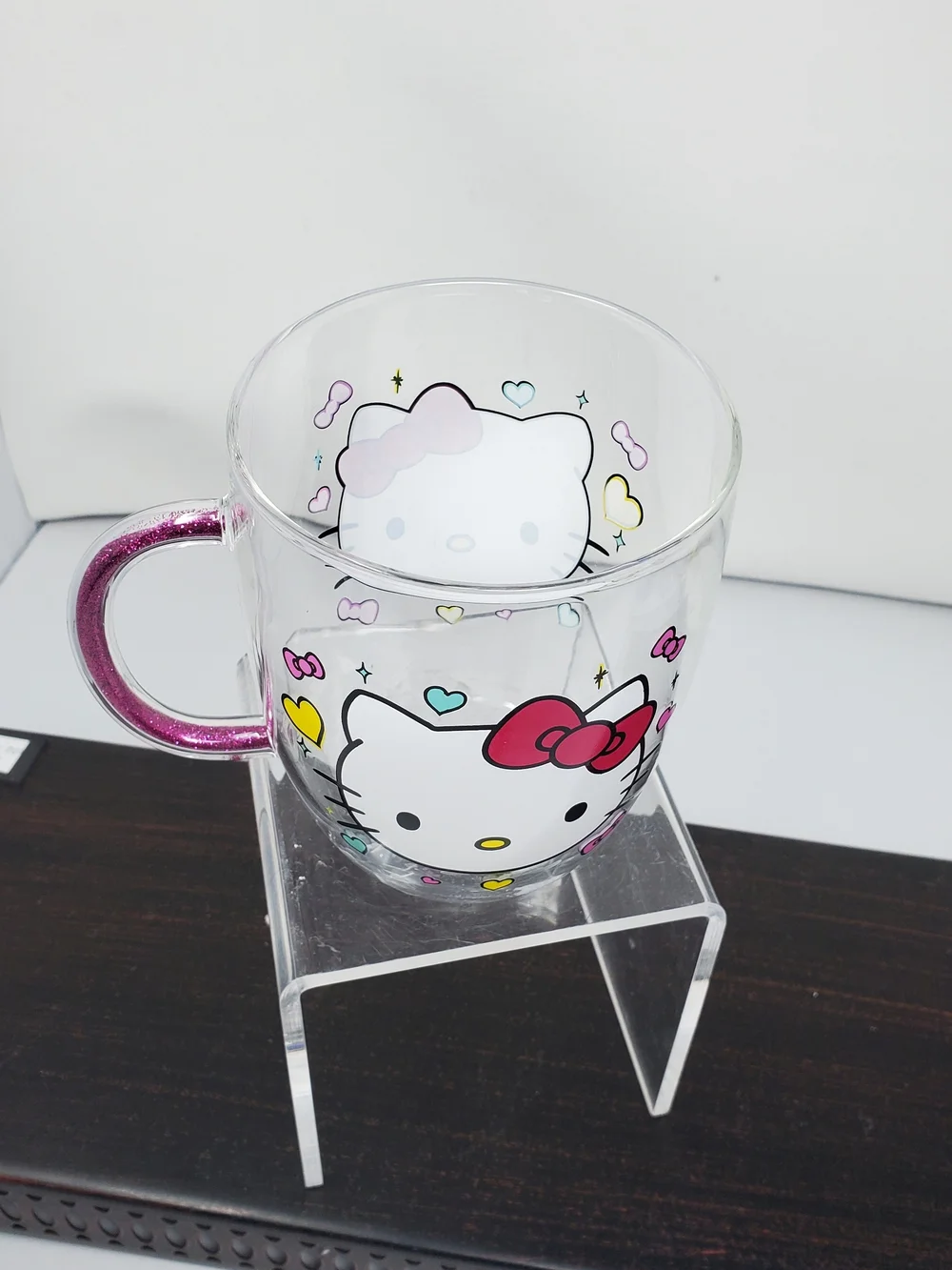Hello Kitty Clear Mug with Pink Glitter Handle and Red Bow